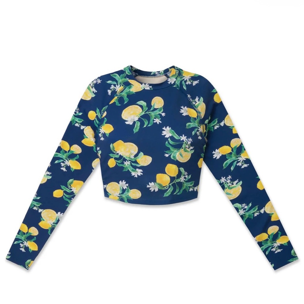 Wet Swimwear Sardinia Bri Navy Blue Lemons Print Long Sleeve Crop Top Size XS - Picture 2 of 12